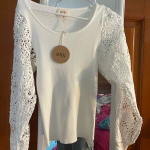 BiBi Classic White Hollowed Out Lace Ribbed Top NWT S